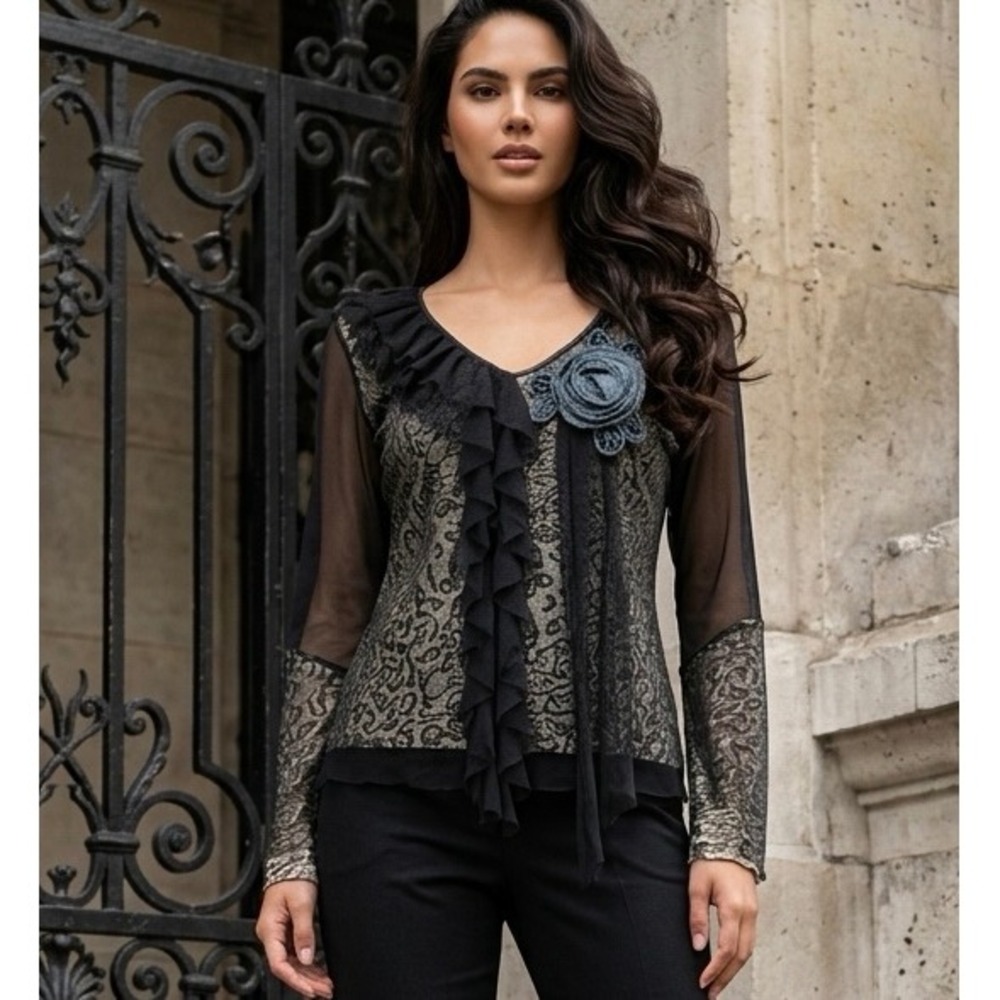 Identity Club Mesh Leopard Print Ruffle V-Neck Floral Applique Blouse Black